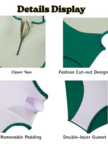 Girls Color-Block One-Piece Swimsuit with Zipper & Cutout - Green (15-16 Yrs)