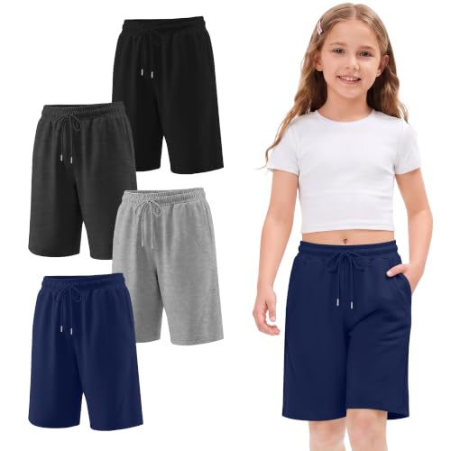 Girl's Athletic Drawstring Shorts - 4 Pack, 11-12 Years, Navy Blue & More