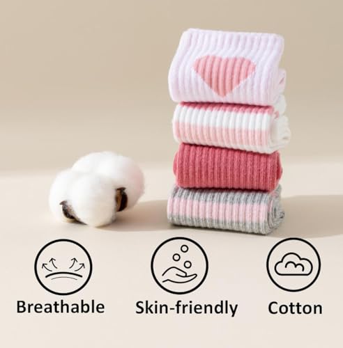 Kids Pink Crew Socks with Hearts - 4-7 Years
