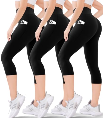 Women's High Waisted Capri Leggings - Buttery Soft, Tummy Control, 2 Pockets - Large-X-Large, 3 Pack Black