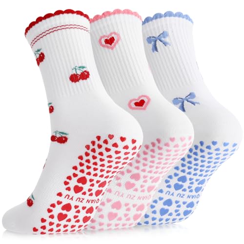 3 Pairs Cute Pilates Grip Socks for Women - Heart, Bow & Cherry