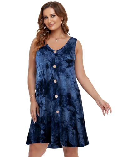 BELAROI Tie Dye Dark Blue 2X Summer Sundress with Pockets & V Neck