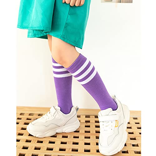 Kids Knee High Athletic Socks - Striped Sports Tube Socks - Purple White
