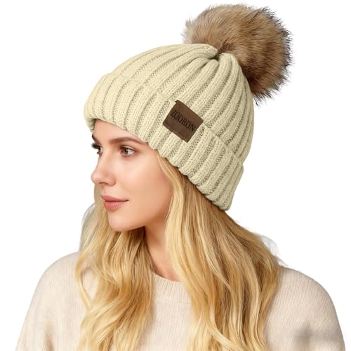 Women's Winter Knitted Beanie Hat with Faux Fur Pom - Beige