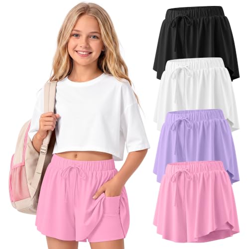 Didaey 4 Pack Girls Athletic Butterfly Skorts - Pink, Purple, White, Black, 5-6 Years