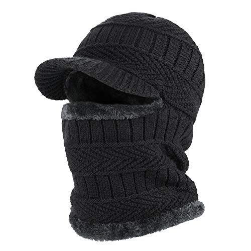 Winter Knitted Balaclava Beanie Hat - Warm Cycling Ski Mask, Windproof Hood, Heavyweight Thermal Fleece, One Size Black