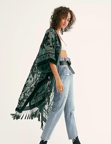 BohemyanRace Women's Burnout Velvet Kimono Cardigan Dark Green - Long Coverup with Tassels