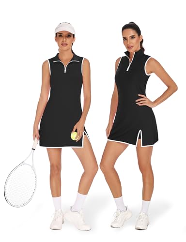 Koscacy Women's Sleeveless Tennis Dress with Shorts - Black, Large | Athletic Golf Outfit