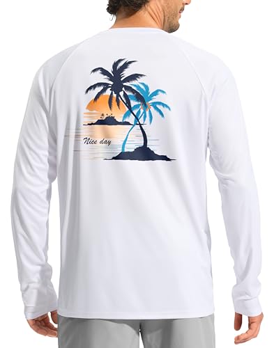 Pudolla Men's UPF Sun Protection Long Sleeve Rash Guard Shirt - White, Coconut Tree, Large