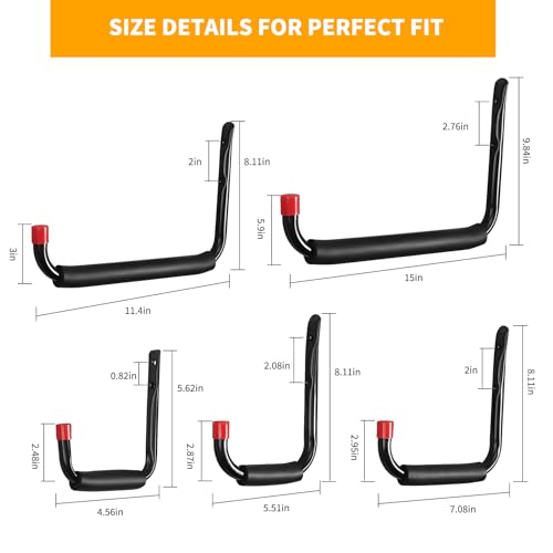 6 Pack Garage Hooks Heavy Duty, Utility Steel Hooks with EVA Foam Padding, 15inch Wall Mount J Organizer Hanger for Hanging Bikes Kayak Garden Tool Hose Bike Shelf