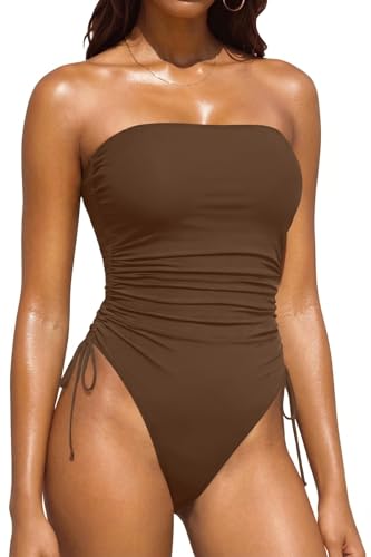 Yonique Women Medium Brown Strapless Tummy Control One-Piece Swimsuit