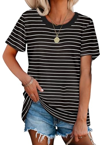 Jescakoo Womens Tops Summer Short Sleeve Ribbed Trim Crewneck T