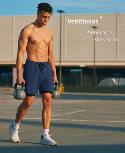 Veldtholos 4 Pack Men's 2-in-1 Athletic Running Shorts with Liner - Large, Black/Blue/Gray/Green
