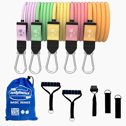 Bodylastics Basic 3-190LBS Resistance Band Set with 2 Handles, 2 Ankle Straps, Door Anchor & Carry Bag (Pastel 190LBS)