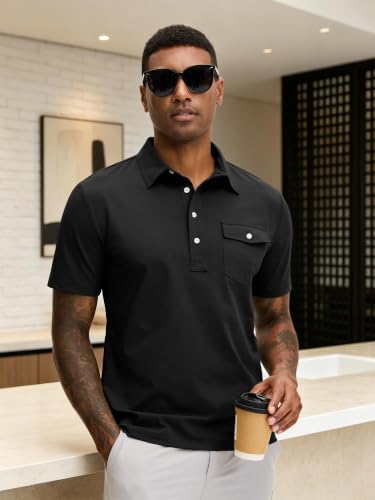 Men's Slim Fit Golf Polo Shirt - Quick Dry, Moisture Wicking, Large Black