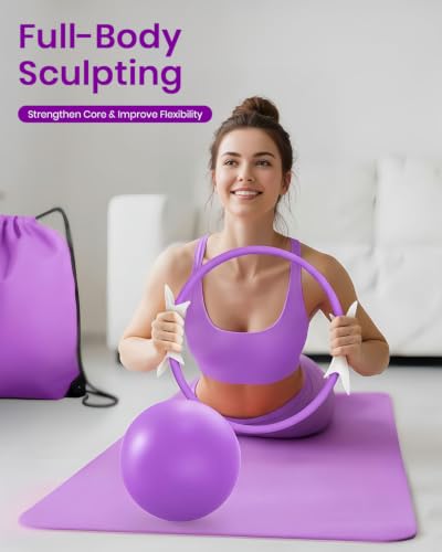 Pilates Ring Set - 14" Magic Circle, Mini Ball & Resistance Bands - Medium-Level2 / Purple