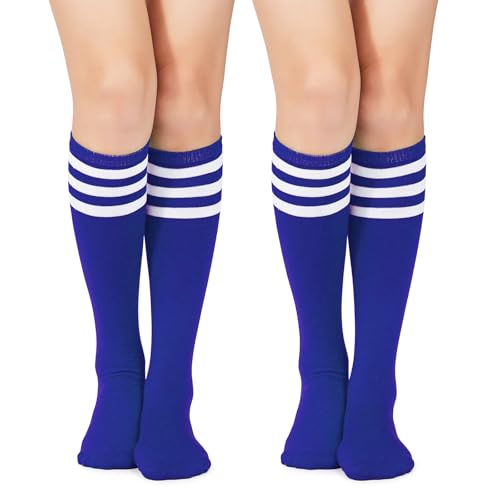 Knee High Striped Socks - Casual Athletic Tube Socks 2 Pack - Blue & White