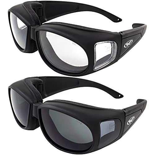 Global Vision Motorcycle Safety Sunglasses Fits Over Most Glasses 2-pack Smoke and Clear Day & Night Usage Meets ANSI Z87.1 Safety Glasses Foam Padding