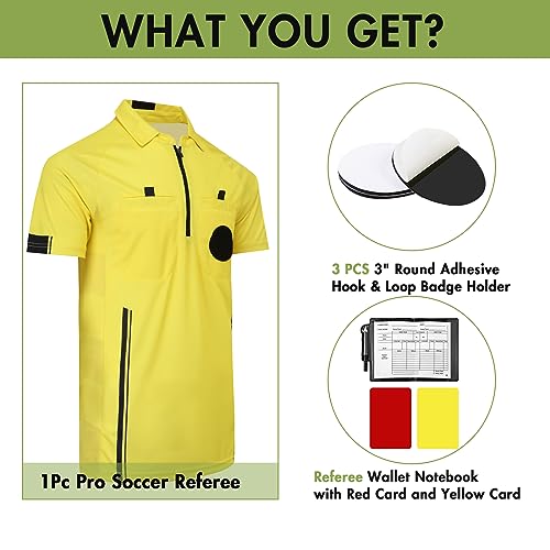 Soccer Referee Shirt Jersey - Short Sleeve Uniform with Wallet, Cards - Yellow, Medium