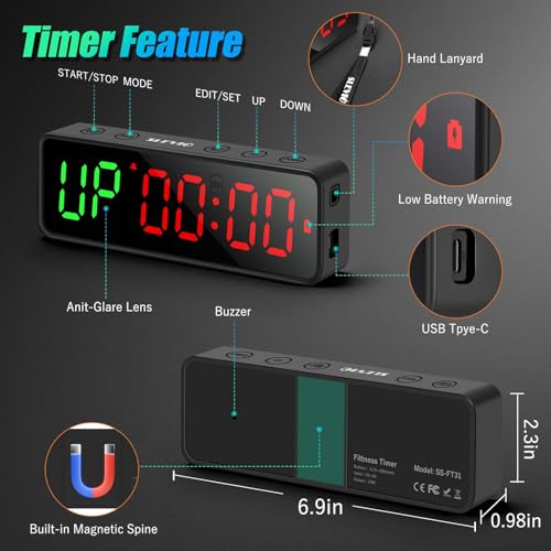 Magnetic Gym Timer Stopwatch with Large LED Display - Matte Black