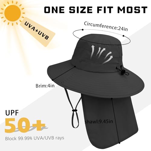 UPF 50+ Sun Hat for Men & Women with Neck Flap - Black