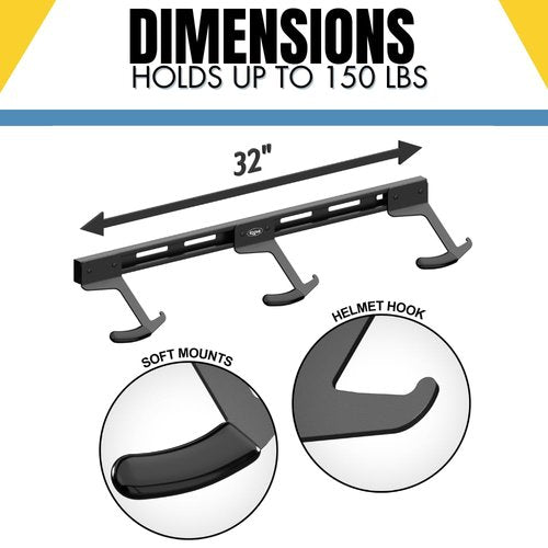 Koova USA-Made Garage Wall Mount Bike Rack for 2, 3 or 6 Bicycles | Wide Hooks Fit Regular and Fat Tire Bikes | Includes Helmet Storage | Easy to Install | Powder Coated Black Metal