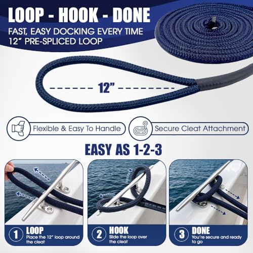 12in Eye Splice Nylon Dock Lines, 1/2in x 15ft Pack of 4 | Double-Braid Marine Ropes