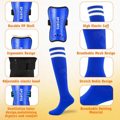 Kids Soccer Shin Guards with Socks Set - Blue, Large (10-15 Years)
