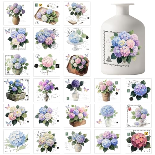 GLOBLELAND 25 Sheets Vintage Hydrangeas Colorful Mason Jar Decal Stickers Flowers Plastic Decal Stickers Adhesive Lantern Jar Sticker for Window Lamp Glass Cup Vase Art Home Decor
