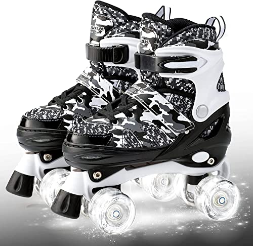 Kuxuan Adjustable Kids Roller Skates - Camo Black, Large (Youth 4-7 US) with Illuminating Wheels