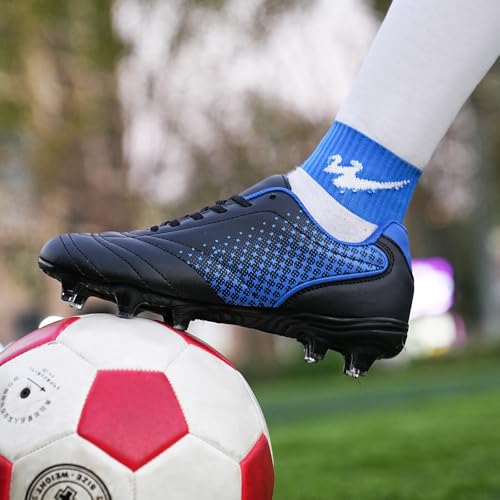 LIZRHA Youth Soccer Cleats Black/Blue 6 Big Kid Indoor & Outdoor Football Shoes