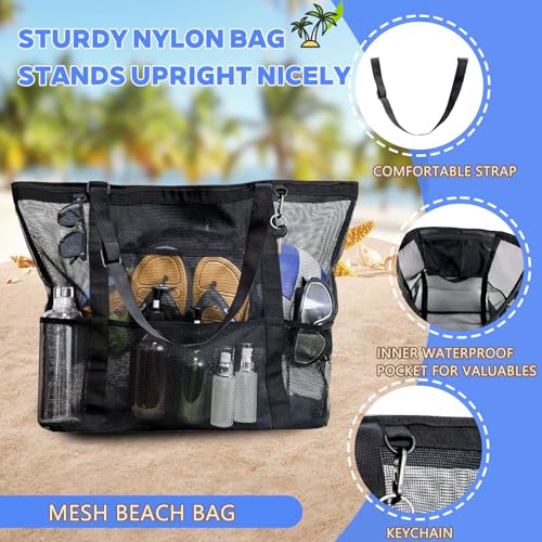 Large 40L Mesh Beach Bag Tote with Multiple Pockets - Black