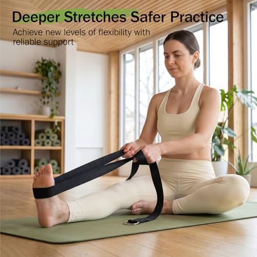 Adjustable Cotton Yoga Strap - 8 Feet Black for Stretching