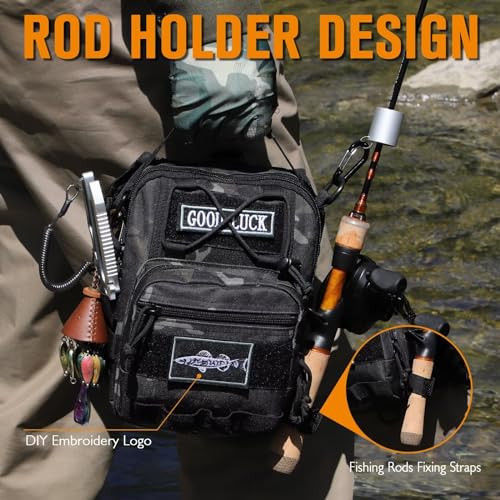Dovesun Small Fly Fishing Backpack Sling Pack - Black Patterned, 17.7 x 8.5 x 5.7in (No Tackle Box)