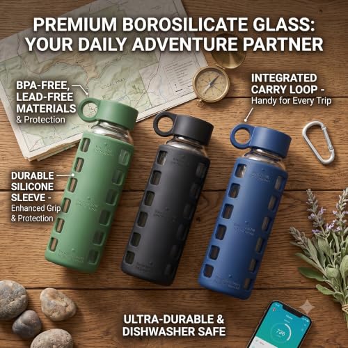 purifyou 12oz Borosilicate Glass Water Bottle with Time & Volume Markers, Silicone Sleeve, Stainless Steel Lid, for Water & Juice – Chinese Porcelain Variant