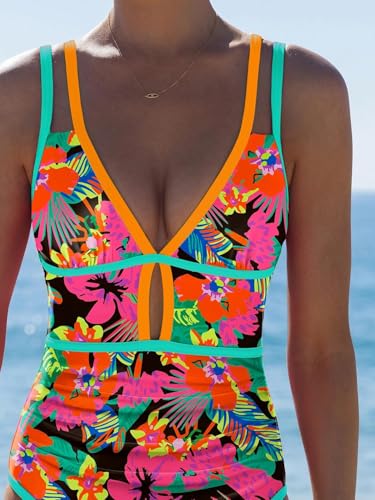 POPVIL Neon Tummy Control One-Piece Swimsuit for Women - Orange Leopard, 2026