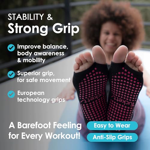 Tucketts Patented Ballerina Toeless Grip Socks - Non-Slip Barre & Pilates, Small-Large, Black/Pink