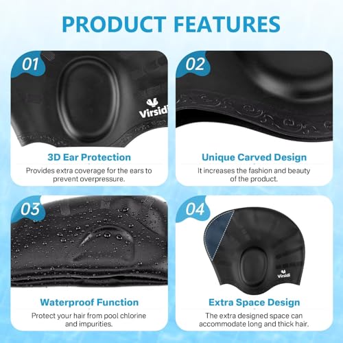 Silicone Swim Cap for Long Hair with Ear Protection - Black