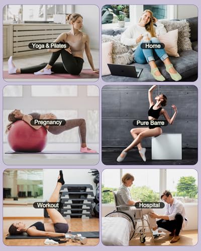 Non-Slip Grip Pilates Socks for Women - 4 Pairs, Small-Medium - Black/Purple/Pink/White