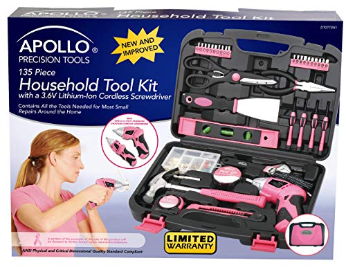 Pink Apollo Tools 135-Piece Household Tool Set with Rechargeable Cordless Screwdriver