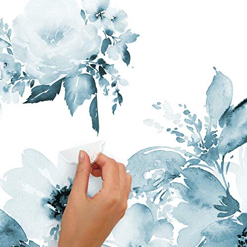 RoomMates RMK4708GM Watercolor Floral Peel and Stick Wall Decals, Blue