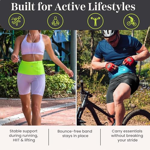 Running Belt with 4 Pockets - No-Bounce Fanny Pack - Black, Small