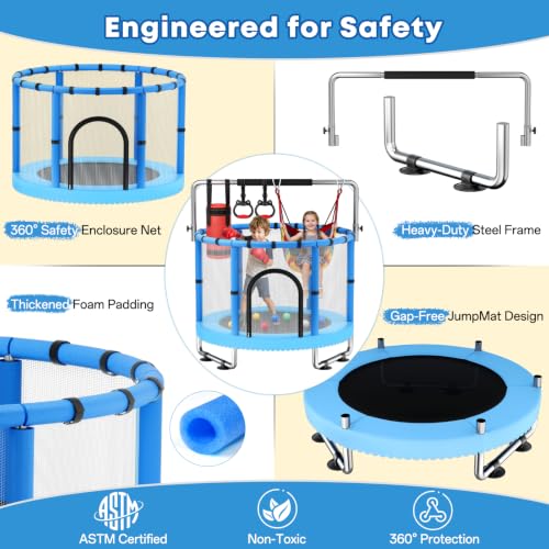 Toddler Trampoline with Net - 5-in-1 Indoor/Outdoor, Blue, 60"