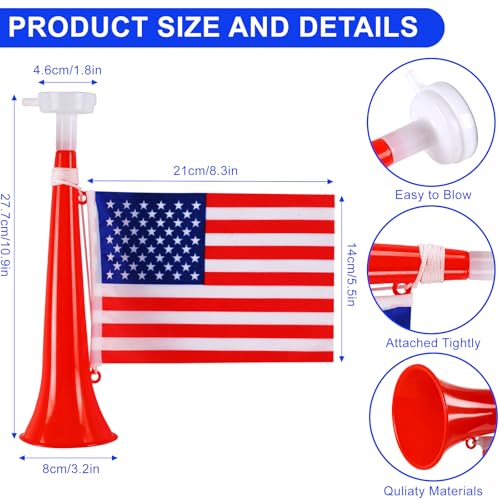 11 Inch Cheering Stadium Horns with American Flags - 4 Pack