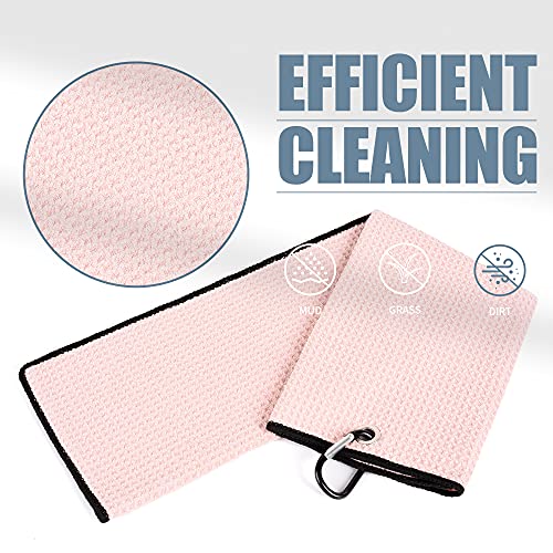Tri-Fold Golf Towel - 16" x 24" Microfiber with Carabiner Clip - Pink
