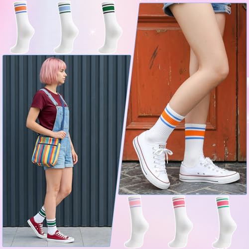 Striped Athletic Crew Socks for Women - 6 Pairs in Orange, Blue, Green, Pink