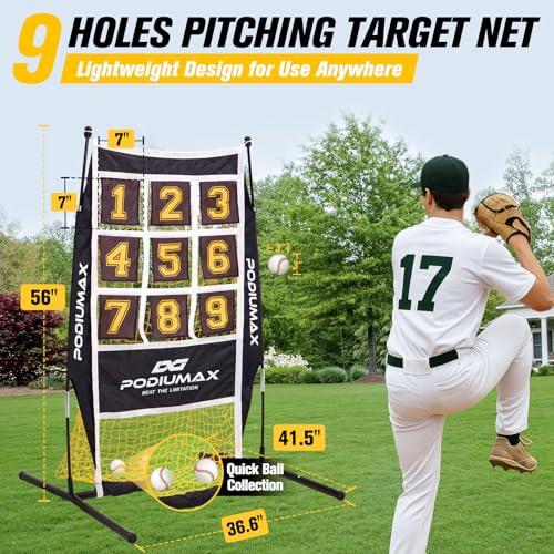PodiuMax Yellow Baseball Pitching Net with 9 Hit Zones, 5 Height Adjustments – Solo Backyard Trainer