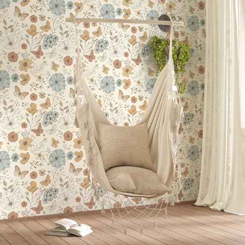 Beige Floral Wallpaper Peel and Stick Wallpaper Boho 17.3"¡¿78.8" Colourful Flower Butterfly Removable Self Adhesive Wall Paper for Bedroom Floral Contact Paper for Cabinets Mural Decor