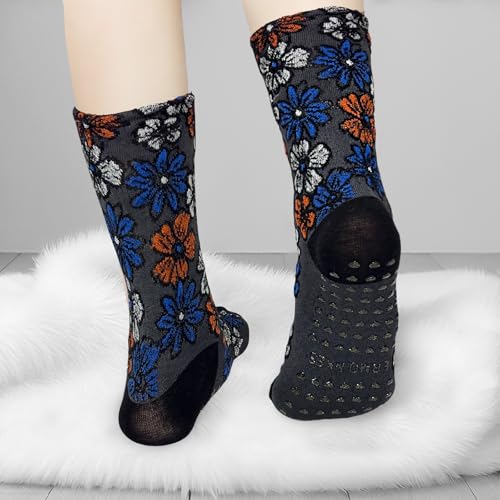 Non-Slip Pilates Grip Ankle Socks - Floral Embroidered Yoga Set - Purple/Green/Blue