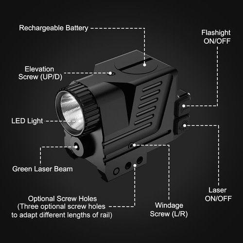XYH-Win Battery Powered Pistol Green Laser Light Combo,350 Lumens Gun Flashlight Picatinny Weaver Rail Fits Glock Taurus g2c g3c Ruger Springfield H&K S&W,Anodized Aluminum Shell,Laser Class IIIA,5mW